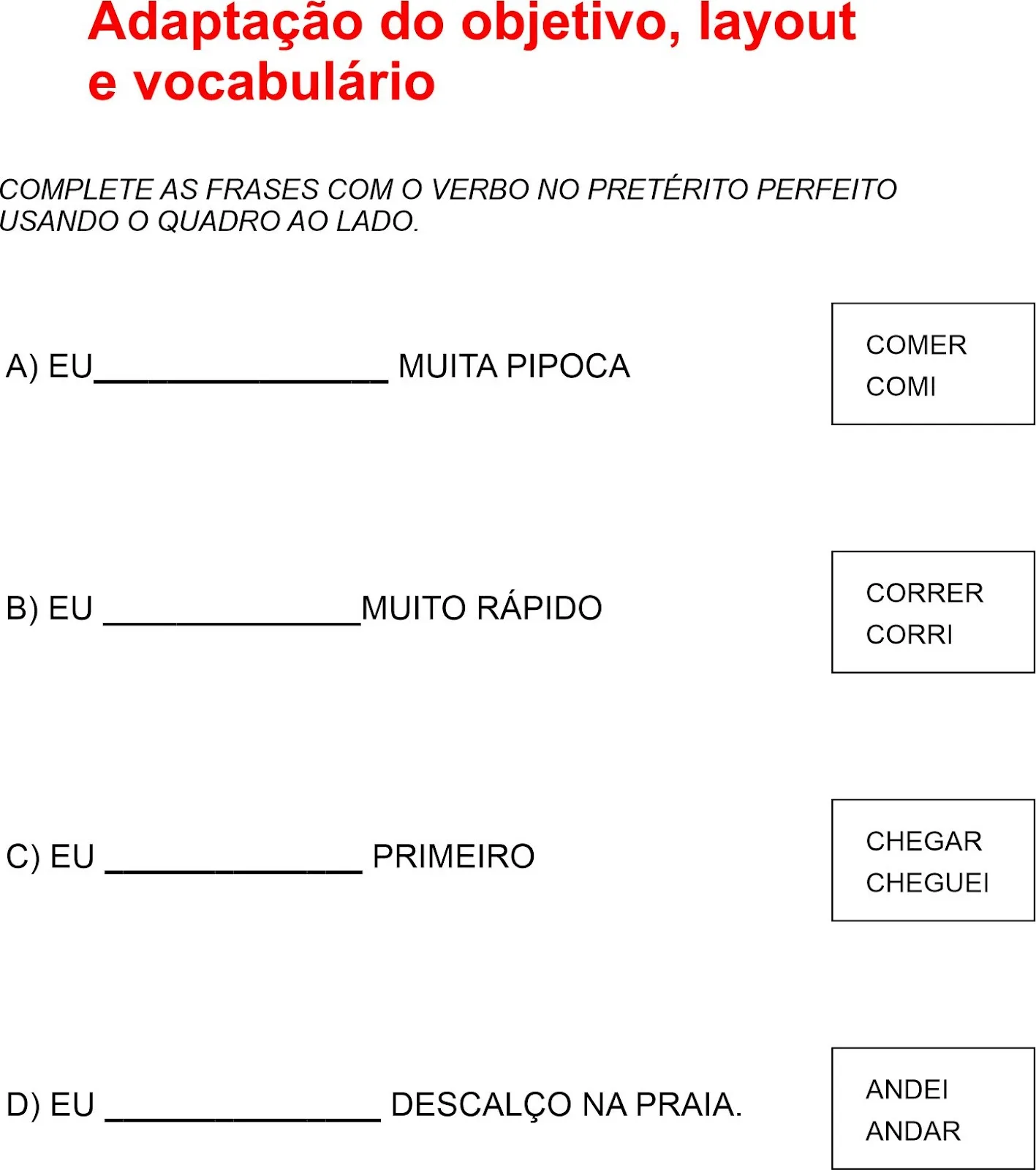 Atividade adaptada pelo vocabulário para aluno com deficiência intelectual