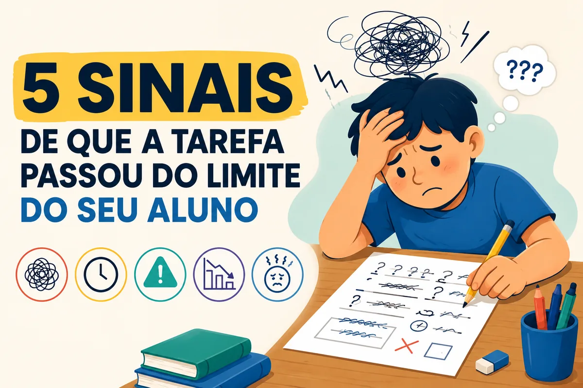 Ilustracao de aluno confuso diante de uma tarefa escolar, com sinais de sobrecarga.