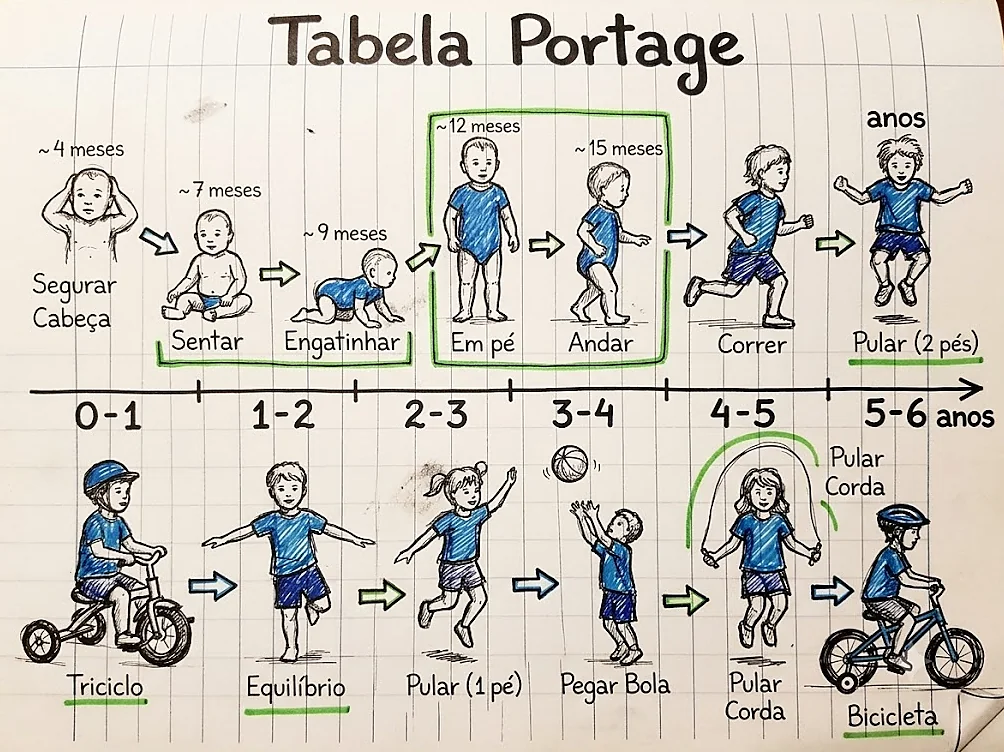 Tabela Portage ilustrada com uma linha do tempo de habilidades motoras, de segurar a cabeça a andar de bicicleta, entre 0 e 6 anos.