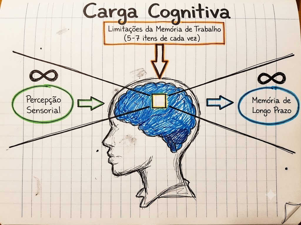 Diagrama manuscrito sobre carga cognitiva, com cérebro, setas e referências à percepção sensorial e à memória de longo prazo.