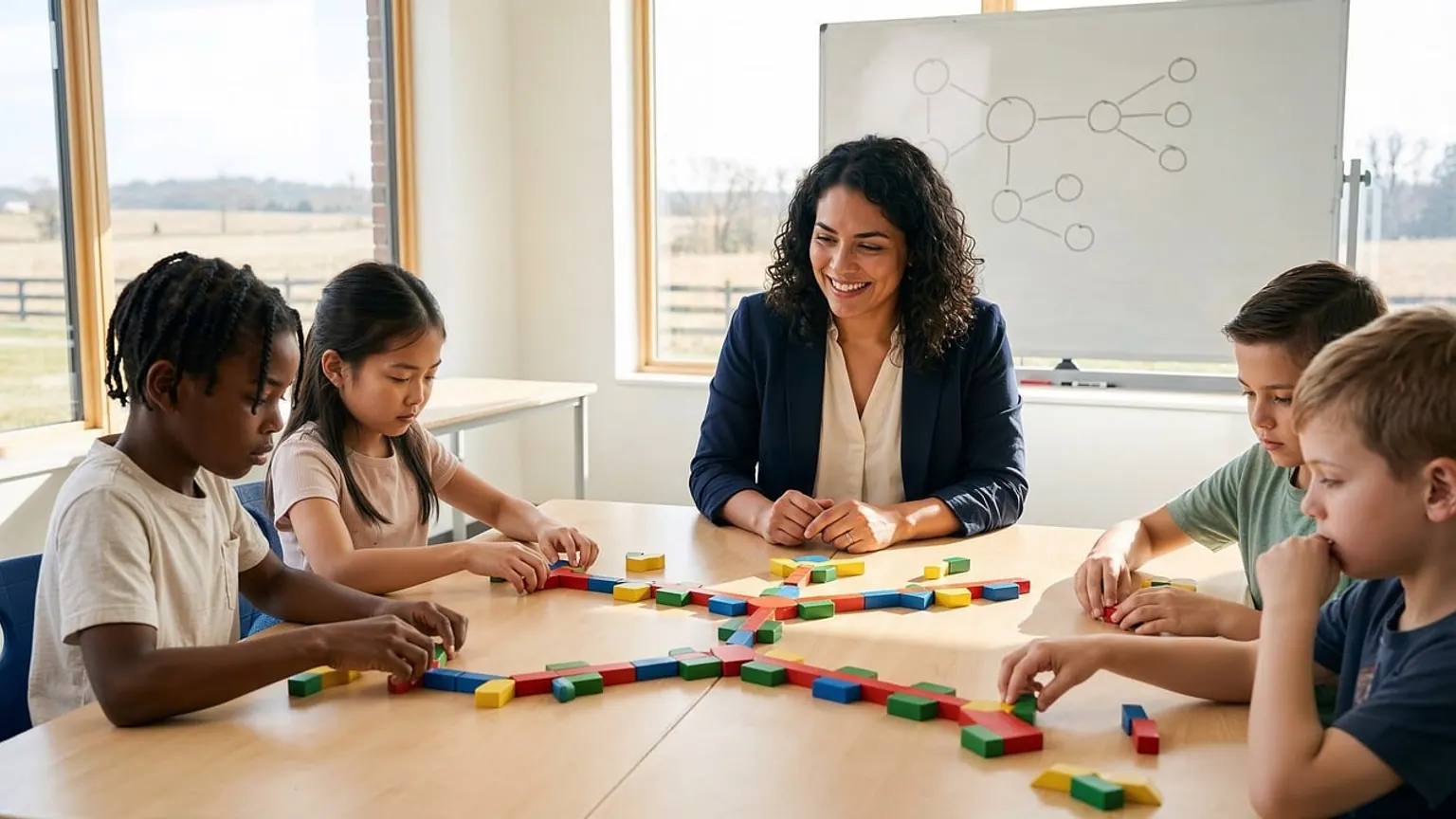 Professora participa de atividade em grupo com estudantes ao redor de uma mesa