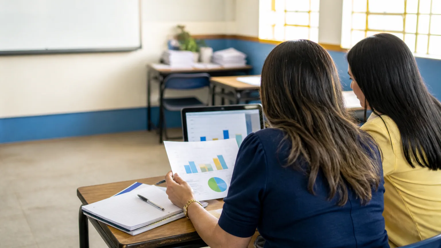 Duas profissionais da educação analisam gráficos e anotações em uma sala de aula